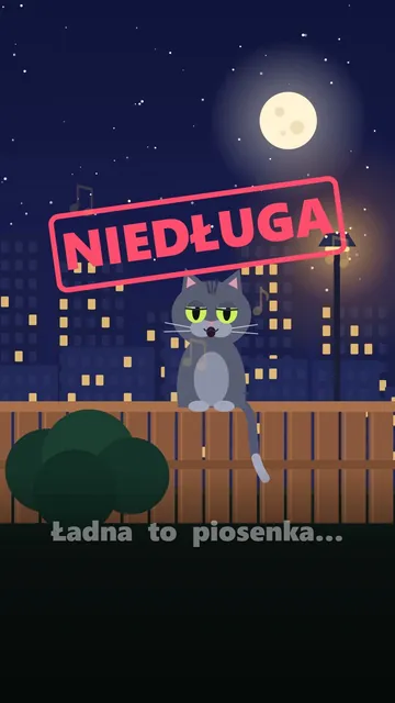 Mola siedzi nocą na płotku pod latarnią, czerwona pieczątka „Niedługa”