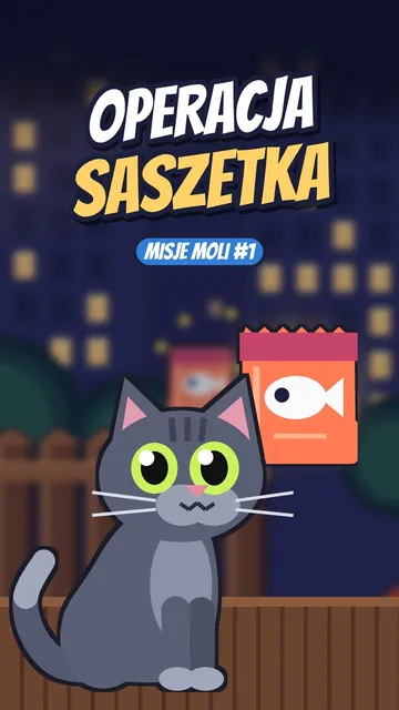 Mola z wielkimi zielonymi oczami obok pomarańczowej saszetki z rybką
