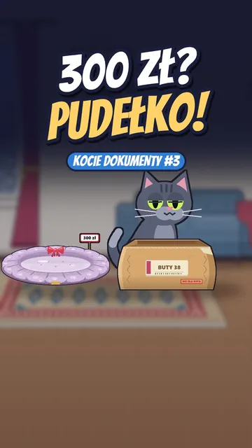 Mola siedzi w kartonie po butach obok pustego, różowego legowiska za 300 zł